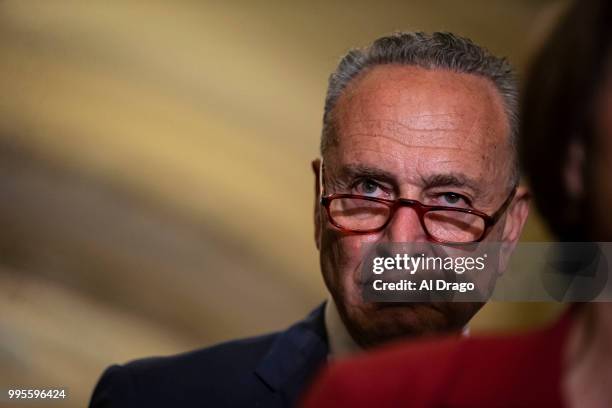 Senate Minority Leader Chuck Schumer speaks with fellow Senate Democrats during a news conference following the weekly Senate Democrats policy...