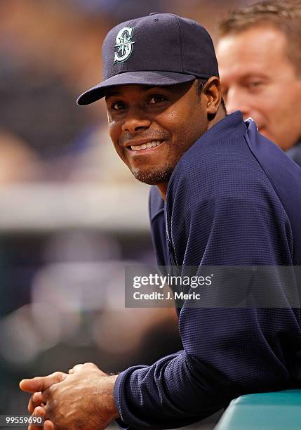 Outfielder Ken Griffey Jr. #24 of the Seattle Mariners watches his team against the Tampa Bay Rays during the game at Tropicana Field on May 14, 2010...