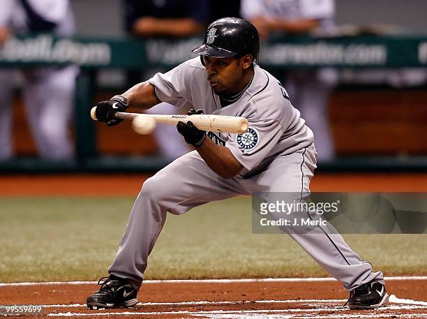 Infielder Chone Figgins of the Seattle Mariners attempts a bunt against the Tampa Bay Rays during the game at Tropicana Field on May 14, 2010 in St....