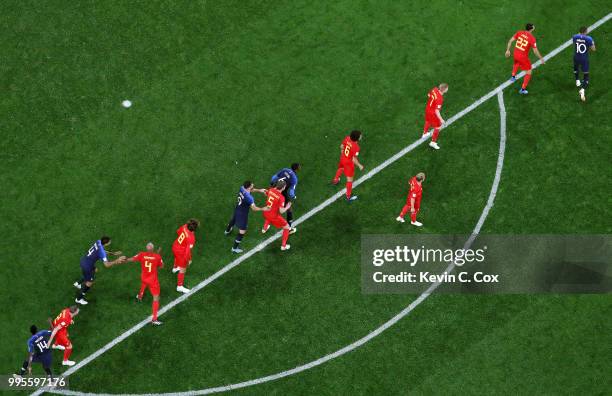 France and Belgium players prepare for a corner kick during the 2018 FIFA World Cup Russia Semi Final match between Belgium and France at Saint...