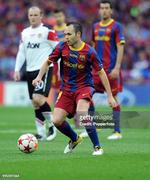 Andres Iniesta of FC Barcelona in action during the UEFA Champions League final between FC Barcelona and Manchester United at Wembley Stadium in...