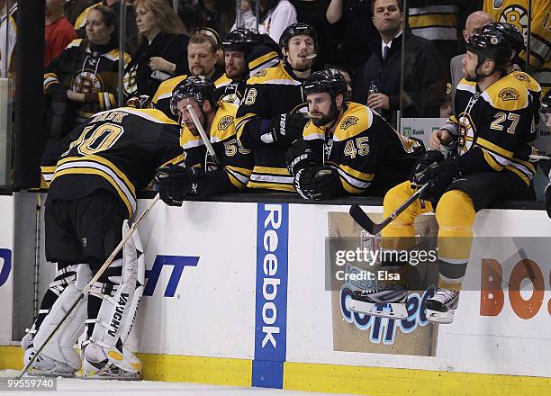 Tuukka Rask and the rest of the Boston Bruins react as the Philadelphia Flyers celebrate the win in Game Seven of the Eastern Conference Semifinals...