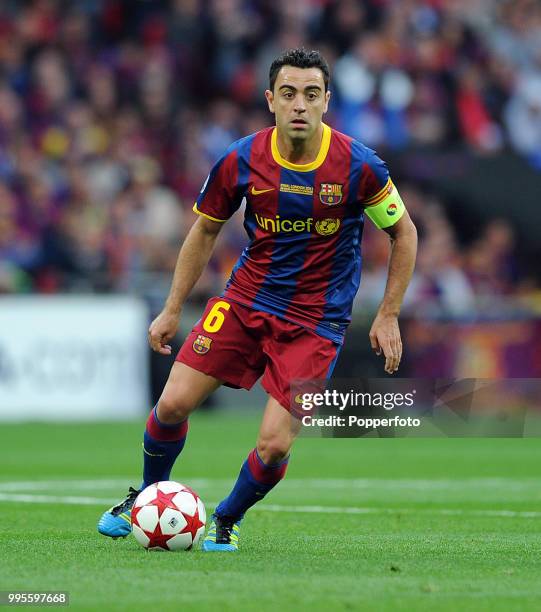 Xavi Hernandez of FC Barcelona in action during the UEFA Champions League final between FC Barcelona and Manchester United at Wembley Stadium in...