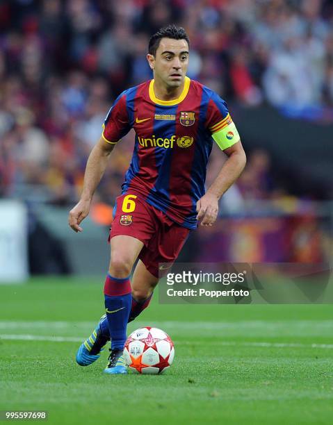 Xavi Hernandez of FC Barcelona in action during the UEFA Champions League final between FC Barcelona and Manchester United at Wembley Stadium in...