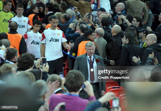 Manchester United manager Sir Alex Ferguson, wearing his runners-up medal , after the UEFA Champions League final between FC Barcelona and Manchester...