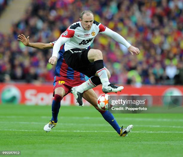 Wayne Rooney of Manchester United in action during the UEFA Champions League final between FC Barcelona and Manchester United at Wembley Stadium in...