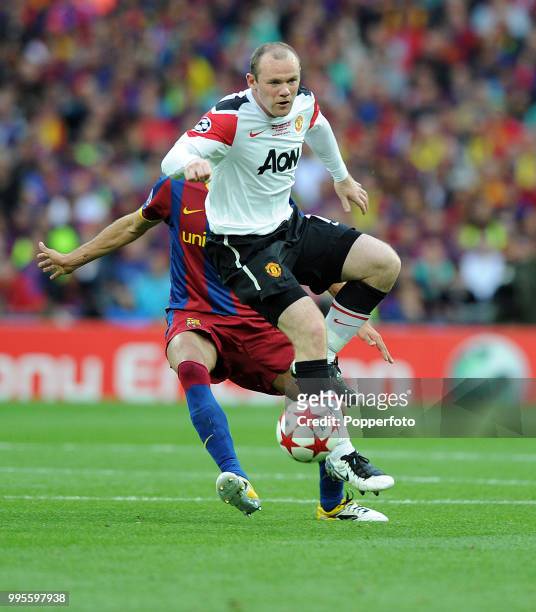 Wayne Rooney of Manchester United in action during the UEFA Champions League final between FC Barcelona and Manchester United at Wembley Stadium in...