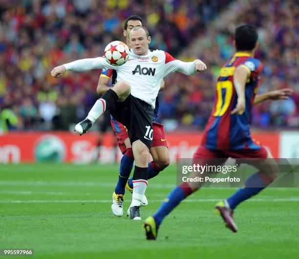 Wayne Rooney of Manchester United in action during the UEFA Champions League final between FC Barcelona and Manchester United at Wembley Stadium in...