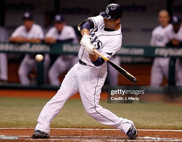 Infielder Carlos Pena of the Tampa Bay Rays fouls off a pitch against the Seattle Mariners during the game at Tropicana Field on May 14, 2010 in St....