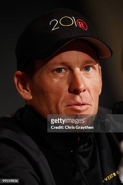 Lance Armstrong of Team Radio Shack speaks during a during a press conference prior to the 2010 Tour of California at the Sacramento Convention...