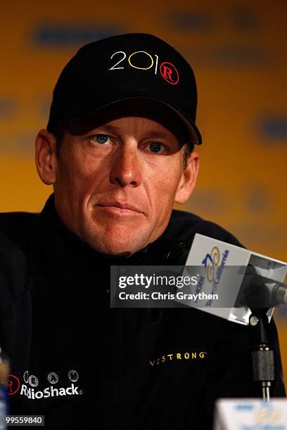 Lance Armstrong of Team Radio Shack speaks during a during a press conference prior to the 2010 Tour of California at the Sacramento Convention...