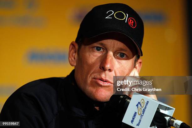 Lance Armstrong of Team Radio Shack speaks during a during a press conference prior to the 2010 Tour of California at the Sacramento Convention...