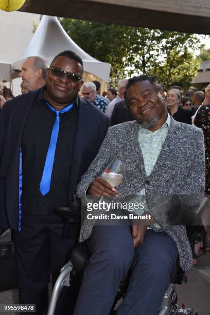 Isaac Julien and Yinka Shonibare attend the Hayward Gallery's 50th anniversary party at The Hayward Gallery, Southbank Centre, on July 10, 2018 in...