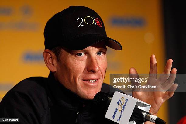 Lance Armstrong of Team Radio Shack speaks during a during a press conference prior to the 2010 Tour of California at the Sacramento Convention...