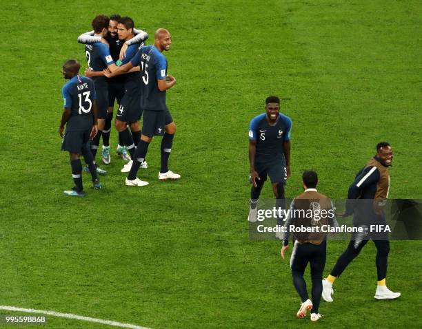 France players celebrate following their sides victory in the 2018 FIFA World Cup Russia Semi Final match between Belgium and France at Saint...