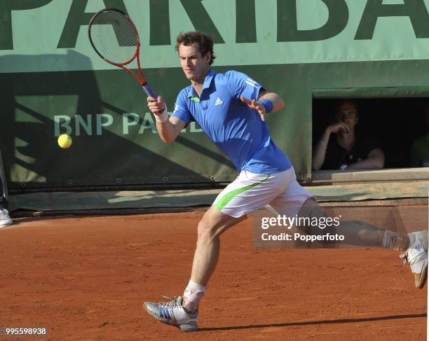 Andy Murray of Great Britain in action during day 11 of the French Open at Roland Garros Stadium in Paris on June 1, 2011.