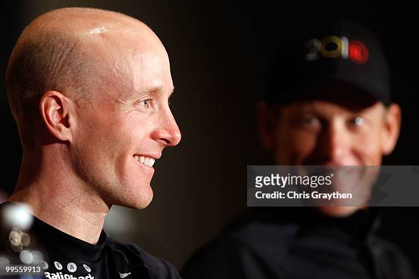 Levi Leipheimer speaks as teammate Lance Armstrong of Team Radio Shack listens during a during a press conference prior to the 2010 Tour of...