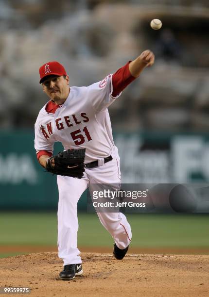 Joe Saunders of the Los Angeles Angels of Anaheim pitches against the Oakland Athletics in the first inning at Angel Stadium on May 14, 2010 in...