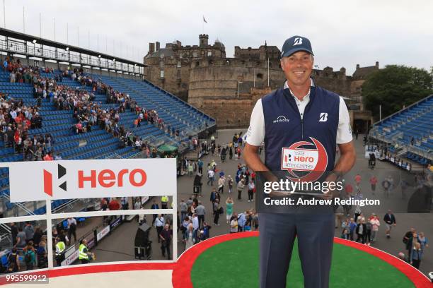 Matt Kuchar of the USA poses with the trophy after winning The Hero Challenge at the 2018 ASI Scottish Open at Edinburgh Castle on July 10, 2018 in...