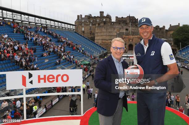 Matt Kuchar of the USA receives the trophyfrom European Tour CEO Keith Pelley after winning The Hero Challenge at the 2018 ASI Scottish Open at...