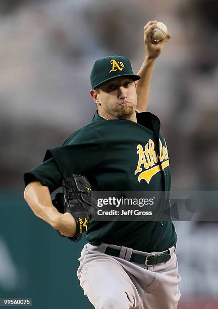 Dallas Braden of the Oakland Athletics pitches against the Los Angeles Angels of Anaheim in the first inning at Angel Stadium on May 14, 2010 in...