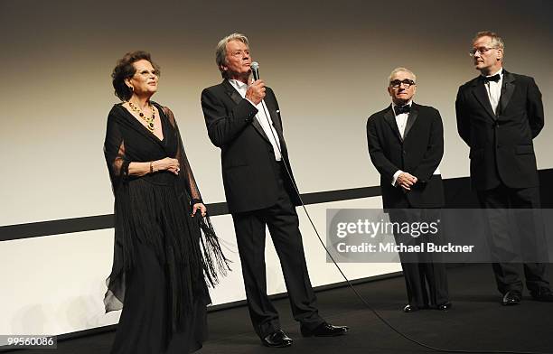 Actress Claudia Cardinale, actor Alain Delon, director Martin Scorsese and Gilles Jacob attend the "IL Gattopardo" premiere at the Salla DeBussy...