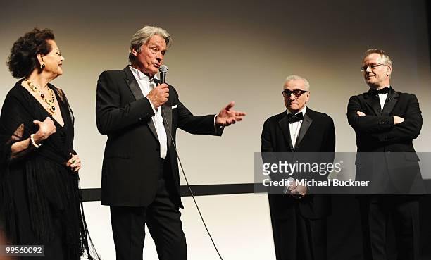 Actress Claudia Cardinale, actor Alain Delon, director Martin Scorsese and Gilles Jacob attend the "IL Gattopardo" premiere at the Salla DeBussy...