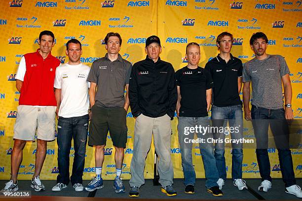 From Left, George Hincapie of BMC Racing, Mark Cavendish of HTC-Columbia, David Zabriskie of Garmin-Transitions, Lance Armstrong and Levi Leipheimer...