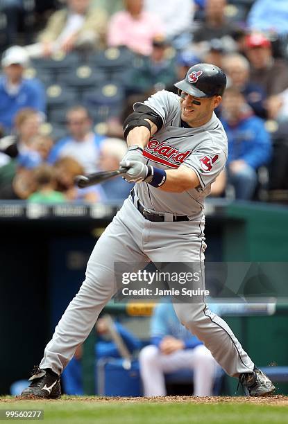 Travis Hafner of the Cleveland Indians bats during the game against the Kansas City Royals on May 13, 2010 at Kauffman Stadium in Kansas City,...