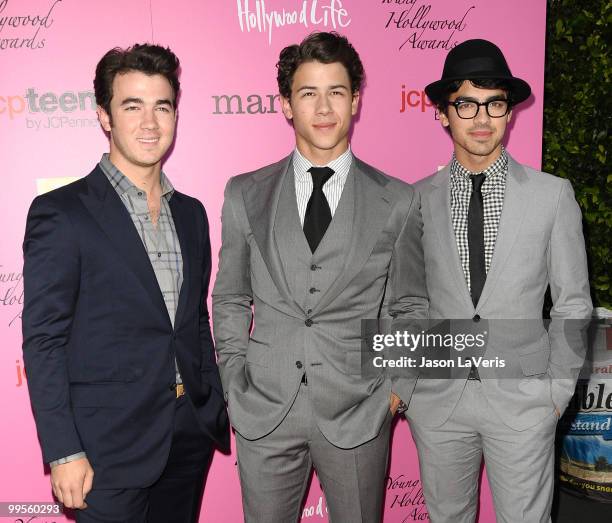 Kevin Jonas, Nick Jonas and Joe Jonas of The Jonas Brothers attend the 12th annual Young Hollywood Awards at The Wilshire Ebell Theatre on May 13,...