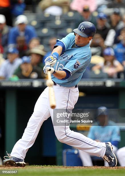 Mitch Maier of the Kansas City Royals bats during the game against the Cleveland Indians on May 13, 2010 at Kauffman Stadium in Kansas City, Missouri.