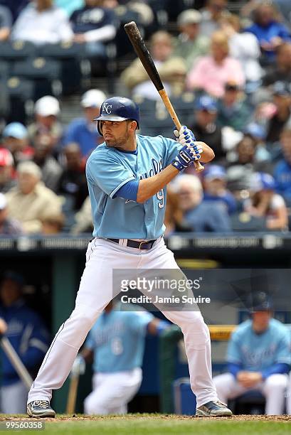 David DeJesus of the Kansas City Royals bats during the game against the Cleveland Indians on May 13, 2010 at Kauffman Stadium in Kansas City,...
