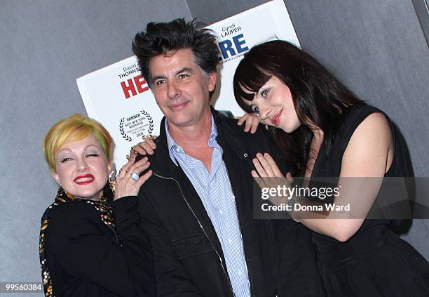 Cyndi Lauper, David Thornton and Jelena Mrdja attends the premiere of ''Here & There'' at Quad Cinema on May 14, 2010 in New York City.