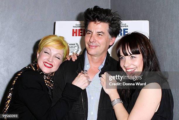 Cyndi Lauper, David Thornton and Jelena Mrdja attends the premiere of ''Here & There'' at Quad Cinema on May 14, 2010 in New York City.