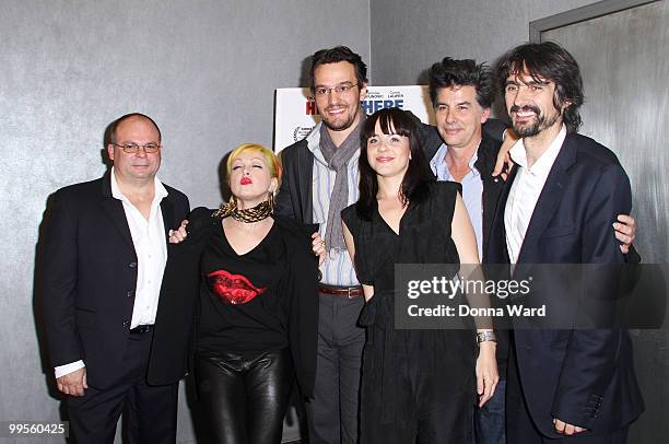 Frank Calo, Cyndi Lauper, George Leckovic, Jelena Mrdja, David Thornton and Darko Lungulov attend the premiere of ''Here & There'' at Quad Cinema on...