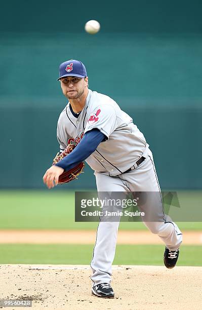 David Huff of the Cleveland Indians pitches during the game against the Kansas City Royals on May 13, 2010 at Kauffman Stadium in Kansas City,...