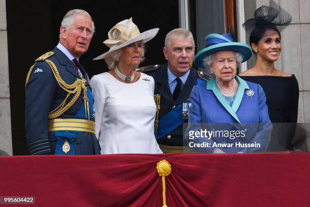 Prince Charles, Prince of Wales, Camilla, Duchess of Cornwall, Prince Andrew, Duke of York, Queen Elizabeth ll and Meghan, Duchess of Sussex stand on...