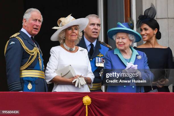 Prince Charles, Prince of Wales, Camilla, Duchess of Cornwall, Prince Andrew, Duke of York, Queen Elizabeth ll and Meghan, Duchess of Sussex stand on...