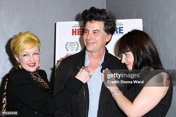 Cyndi Lauper, David Thornton and Jelena Mrdja attends the premiere of ''Here & There'' at Quad Cinema on May 14, 2010 in New York City.