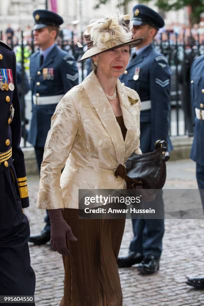 Princess Anne, the Princess Royal attends a service at Westminster Abbey to mark the centenary of the Royal Air Force on July 10, 2018 in London,...