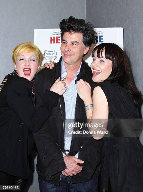 Cyndi Lauper, David Thornton and Jelena Mrdja attends the premiere of ''Here & There'' at Quad Cinema on May 14, 2010 in New York City.