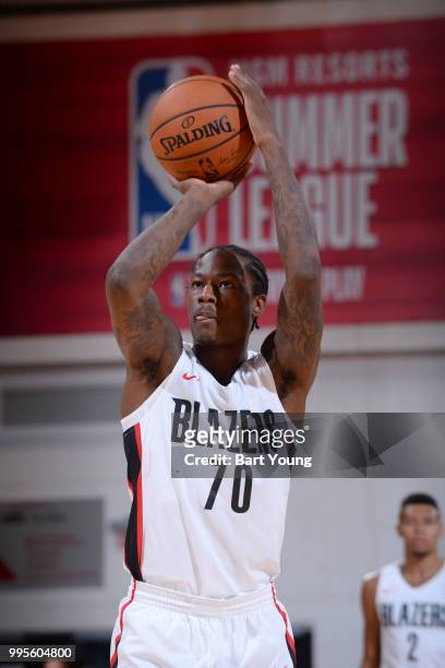 Archie Goodwin of the Portland Trail Blazers shoots a free throw against the San Antonio Spurs during the 2018 Las Vegas Summer League on July 10,...