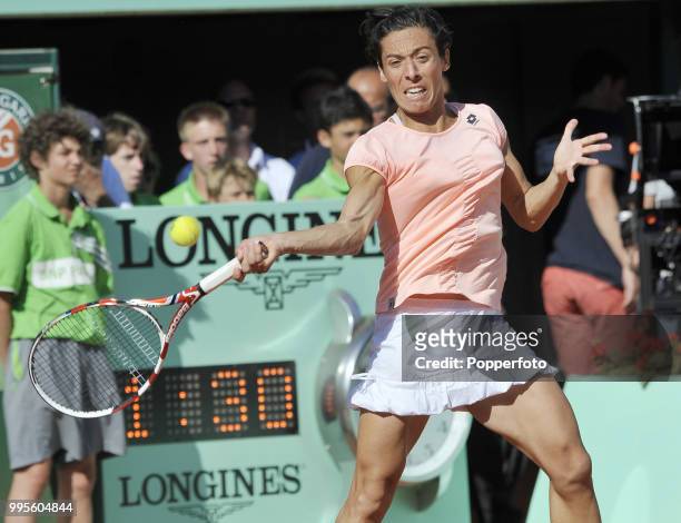 Francesca Schiavone of Italy in action during day 12 of the French Open at Roland Garros Stadium in Paris on June 2, 2011.