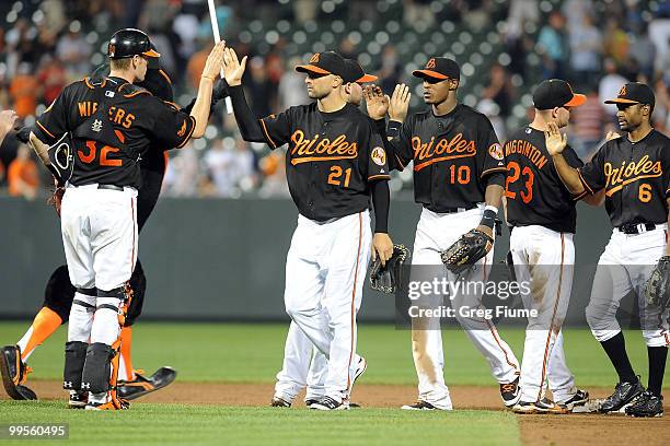 Nick Markakis, Adam Jones and Corey Patterson of the Baltimore Orioles celebrate with teammates after a 8-1 victory over the Cleveland Indians at...