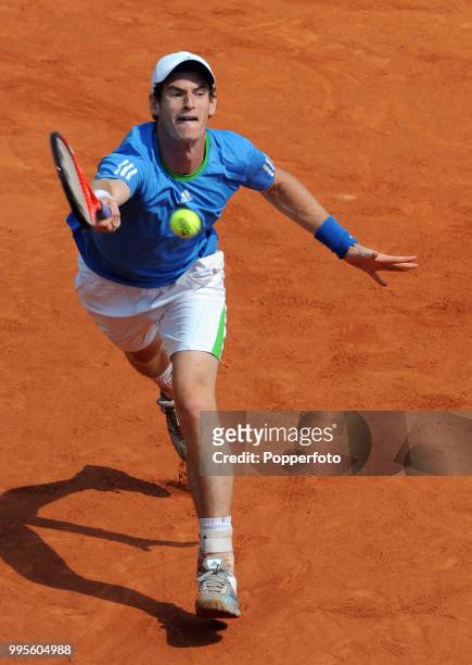 Andy Murray of Great Britain in action during the men's semi-final against Rafael Nadal of Spain on day 13 of the French Open at Roland Garros...