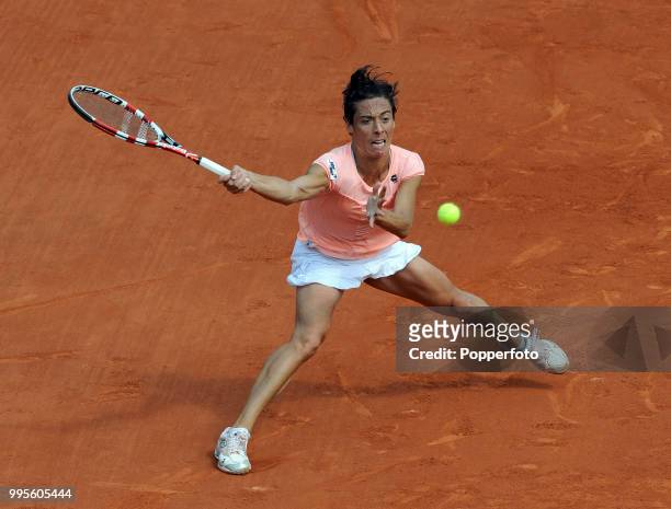 Francesca Schiavone of Italy enroute to losing the Women's Singles Final in straight sets to Li Na of China during day 14 of the French Open at...