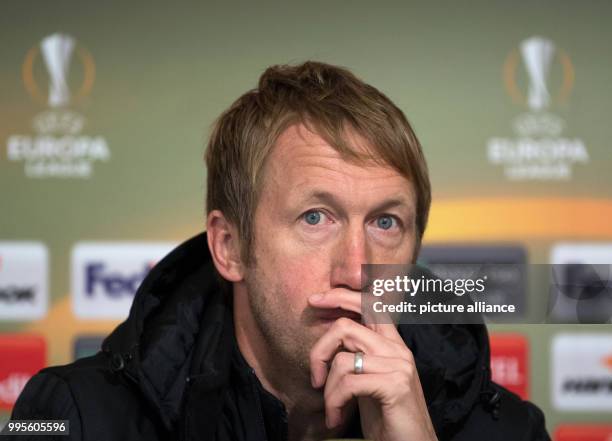 Oestersund's coach Graham Potter speaks during a press conference before the 2nd Europa League soccer match at the Jaemtkraft-Arena in Oestersund,...