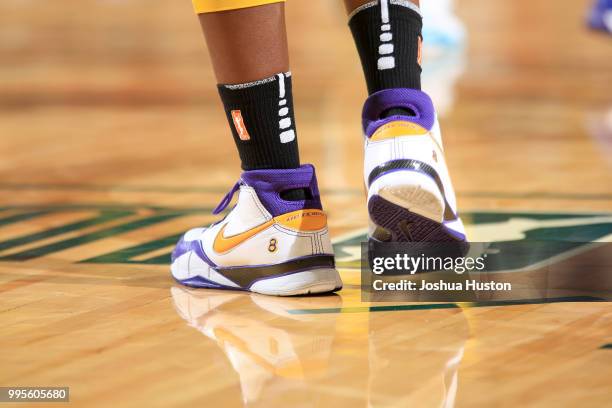 The sneakers of Essence Carson of the Los Angeles Sparks during the game against the Seattle Storm on July 10, 2018 at Key Arena in Seattle,...