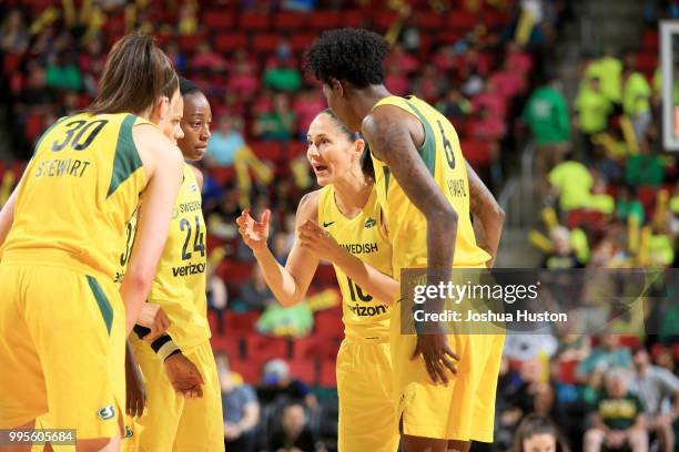 Sue Bird of the Seattle Storm talks to her teammates during the game against the Los Angeles Sparks on July 10, 2018 at Key Arena in Seattle,...