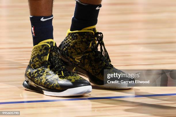 The sneakers worn by Diamond Stone of the Utah Jazz are seen against the Miami Heat during the 2018 Las Vegas Summer League on July 9, 2018 at the...